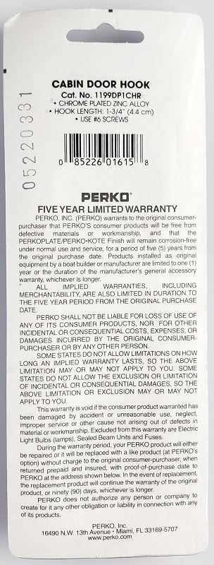 Perko 1-3/4" Cabin Door Hook 1199DP1CHR