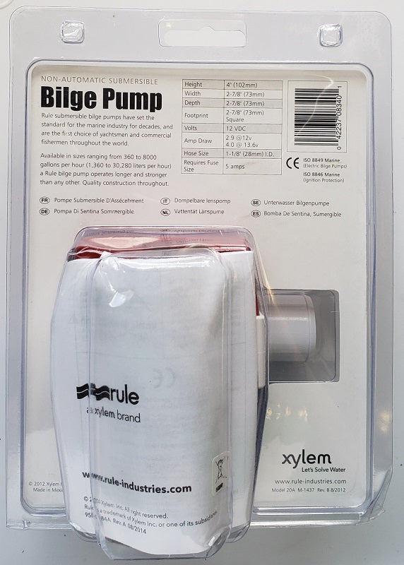 Rule 1000 GPH Non-Automatic Submersible Bilge Pump 20A