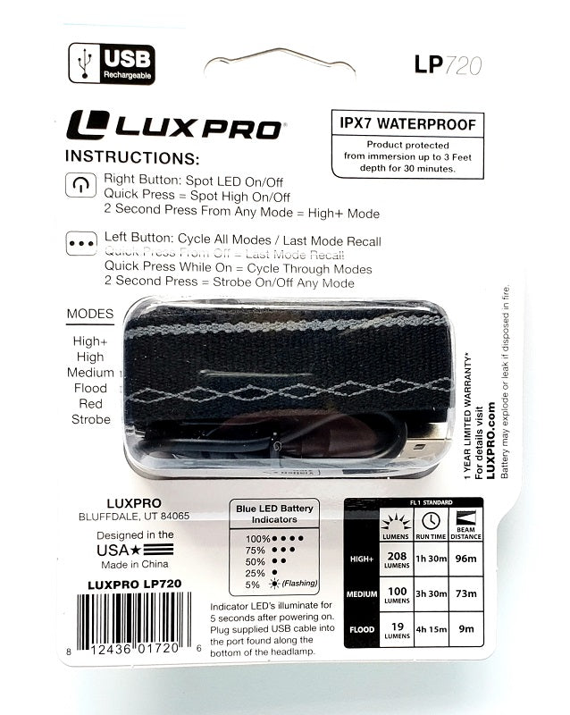 Lux-Pro LP720 HP Rechargeable LED Headlamp 208 Lumens